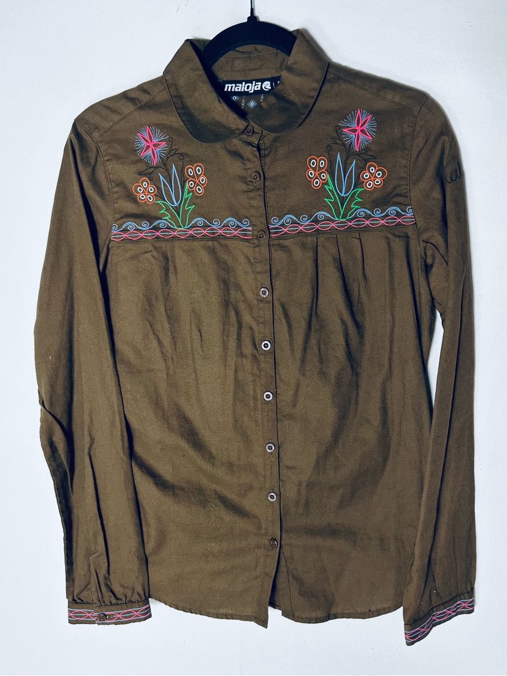Maloja Brown Cotton Embroidered Alpine Floral Trachten Button Up Shirt S